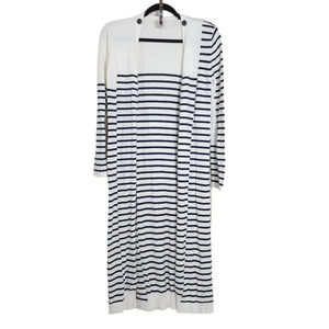 Cabi Victory Duster Cardigan Womens S White Blue Stripe Long Sleeve Knit Open